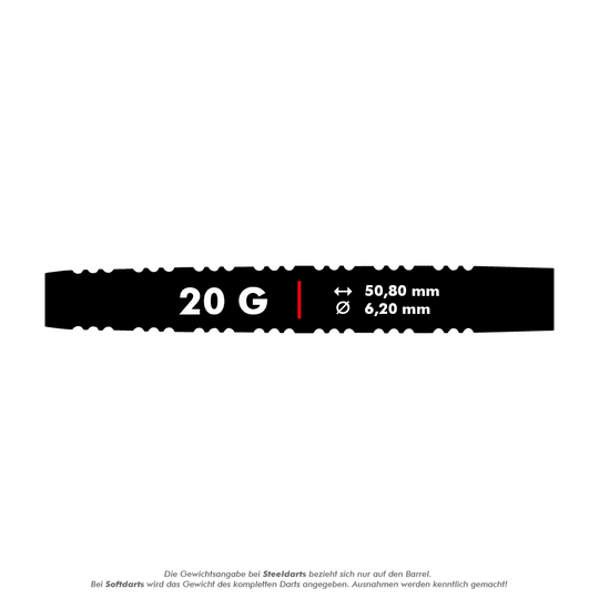Das Bild zeigt die Produktdetails der Red Dragon Nirvana Softdarts mit einem Gewicht von 20 Gramm. Die Darts haben eine Länge von 50,80 mm und einen Durchmesser von 6,20 mm.
