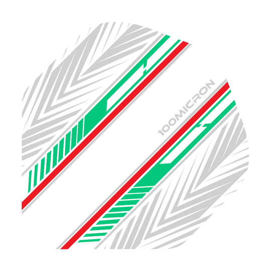 Vuelos de pentatlón blanco/verde/rojo Das Bild zeigt einen Pentathlon White Green Red No2 Standard Flight für Darts. Das Design besteht aus weißen, grünen und roten Streifen sowie grauen Pfeilmustern auf weißem Hintergrund.