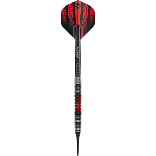 2443_Winmau_Joe_Cullen_90_Softdarts_1dnHCdz3eFoY3E Das Bild zeigt einen Winmau Joe Cullen Softdart. Der Dart hat ein auffälliges Design mit roten und schwarzen Elementen und einem silbernen Griff.