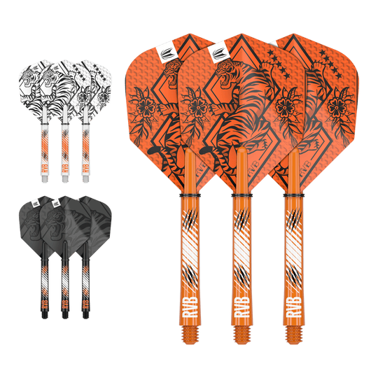 Kit de eje de vuelo de tinta Target Raymond Van Barneveld Auf dem Bild sind drei Sets von Dart-Flights und Schäften in den Farben Orange, Weiß und Schwarz zu sehen. Jedes Set ist mit einem Tiger-Design und den Initialen "RVB" verziert.