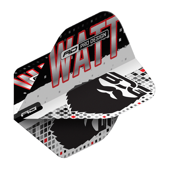 Red Dragon Hardcore Jason Watt BDG Premium No2 Vuelos Estándar Das Bild zeigt die Red Dragon Hardcore Jason Watt BDG Premium No2 Standard Flights. Das Design ist in Schwarz, Weiß und Rot gehalten und trägt den Schriftzug "WATT" sowie eine stilisierte Grafik.