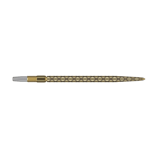 Puntas de dardos Target Swiss Diamond Pro Gold Das Bild zeigt eine goldene Dartspitze mit einem diamantförmigen Muster. Die Spitze ist schmal und hat am vorderen Ende einen silbernen Bereich.