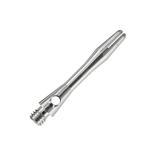 Das Bild zeigt einen Harrows Keramic Shaft in der Farbe Gun Metal. Der Schaft ist aus Metall gefertigt und hat ein glänzendes, silber-graues Aussehen.