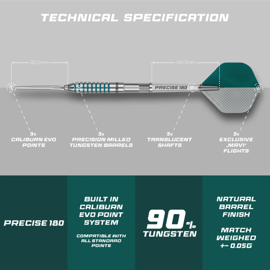 Dardos de acero Precise 180 MRV1 Die Abbildung zeigt die Precise 180 MRV1 Steeldarts mit einem Gewicht von 23g. Es handelt sich um hochwertige Steeldarts für präzises Dartspiel.