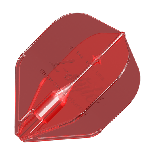 Plumas L-Style Fantom L1EZ Rojas Das Bild zeigt ein rotes Dartflight mit dem Namen „L-Style Fantom L1EZ Flights Red“. Das Flight hat eine transparente Struktur und eine klassische Form.