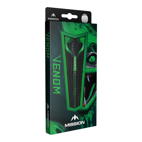 Dardos blandos Mission Venom - 20 g Die Abbildung zeigt die Verpackung der "Mission Venom Softdarts - 20g". Das Design ist in Grün gehalten und zeigt einen Schlangenkopf sowie den Schriftzug "Venom".