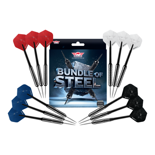 Paquete de dardos de acero Bulls NL - 4 juegos de dardos de acero de latón Zu sehen sind die Bulls NL Bundle Of Steel - 4 Sets Brass Steeldarts. Das Produkt bietet vier Sets Messing-Steeldarts für Dartspieler.