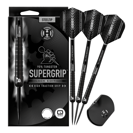 Dardos de acero Harrows Supergrip 90 Black Edition Quick Point Harrows Supergrip 90 Black Edition Quick Point Steeldarts zeigen ein edles schwarzes Aussehen. Sie sind perfekt für ambitionierte Dartspieler geeignet.