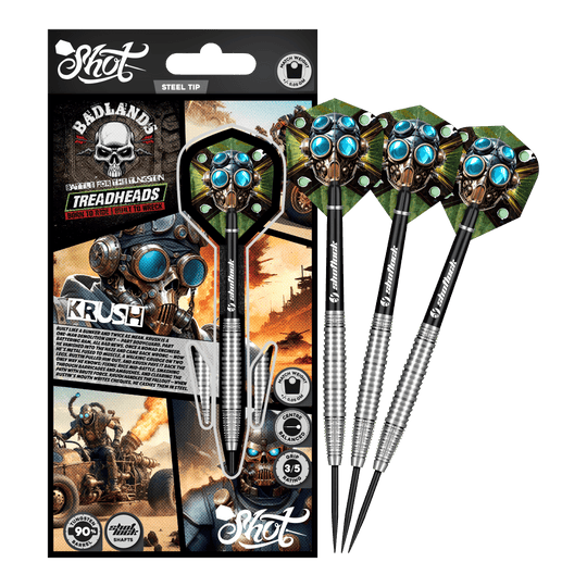 Dardos de acero Shot Badlands Krush Dargestellt ist das komplette Shot Badlands Krush Steeldarts Set. Das Produkt ist ideal zum gezielten Werfen.