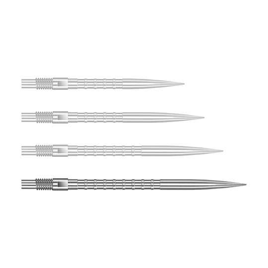 Zu sehen ist eine silberne Dartspitze Quick Point Heavy Metal Grip mit 40 mm Länge. Die Spitze ist detailliert abgebildet.