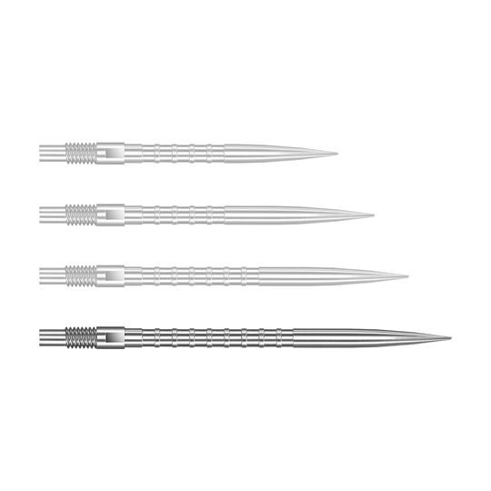 Puntas de dardos de metal pesado Harrows Quick Point - Plateadas Zu sehen ist eine silberne Dartspitze Quick Point Heavy Metal Grip mit 40 mm Länge. Die Spitze ist detailliert abgebildet.