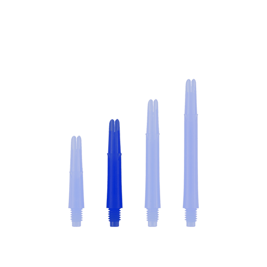 Auf dem Bild sind vier blaue Dartschäfte in unterschiedlichen Längen zu sehen. Sie stehen nebeneinander aufrecht vor weißem Hintergrund.