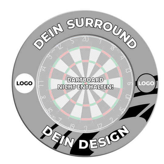 Ein weiteres graues Dartboard-Surround mit individuellem Druck ist zu sehen. Die Ansicht zeigt eine andere Perspektive des Surrounds.