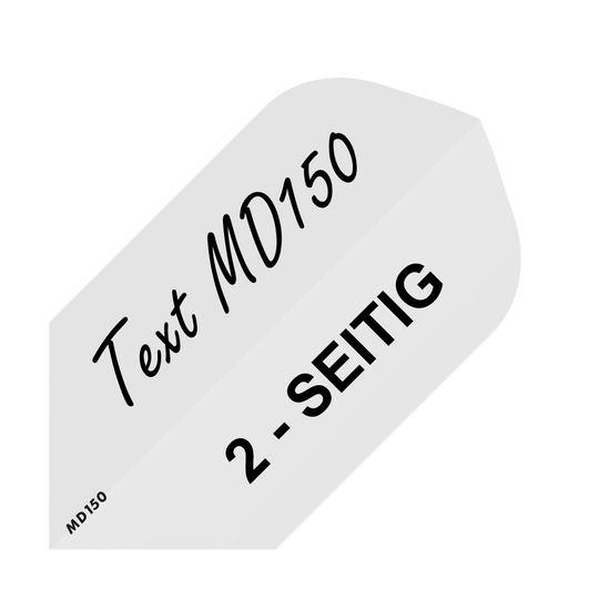 MD-251_2-Seitig_Bedruckte_Flights_Wunschtext_MD150_Weiss_Slim_1 Das Bild zeigt ein Muster für bedruckte Flights mit dem Text "Text MD150" und "2-SEITIG". Es handelt sich um das Produkt "10 Satz Bedruckte Flights 2-Seitig - Wunschtext - MD150 Slim".