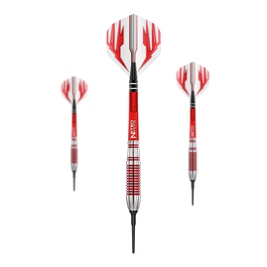 Dardos blandos Red Dragon Reflex - 22 g Das Bild zeigt drei Red Dragon Reflex Softdarts mit einem Gewicht von 22 g. Die Darts haben rote und silberne Griffe sowie weiße Flights mit roten Mustern.
