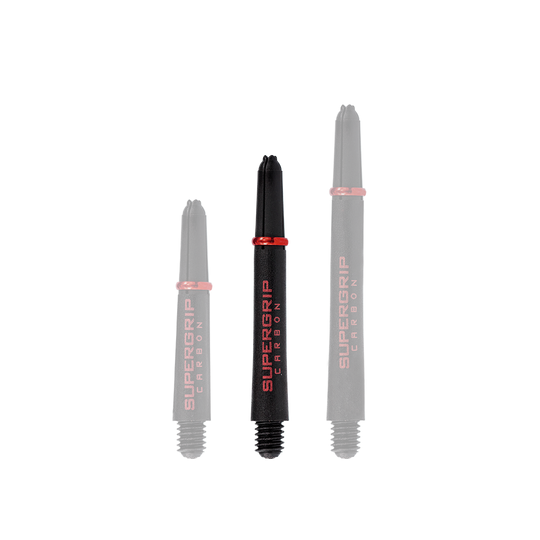 HR358_Harrows_Supergrip_Carbon_Shafts_Rot_40mm_1 Das Bild zeigt drei Harrows Supergrip Carbon Shafts in Rot, die in unterschiedlichen Längen angeordnet sind. Die schwarzen Dartschäfte haben rote Akzente und die Aufschrift "Supergrip Carbon" in roter Farbe.
