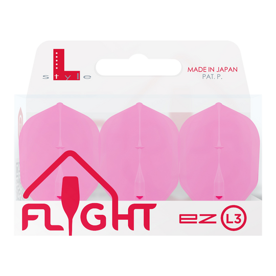 Vuelos L-L-Style3EZ Die Abbildung zeigt eine Packung mit drei pinken Dartflights der Marke L-Style. Auf der Verpackung steht "FLIGHT" und "MADE IN JAPAN".
