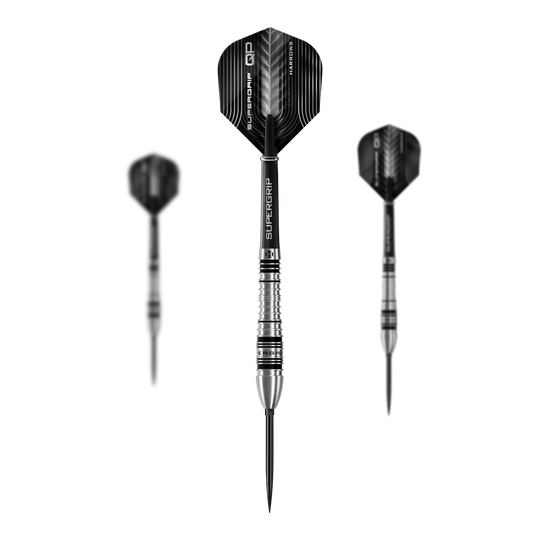 Dardos de acero Harrows Supergrip Bomb Quick Point Dieses Bild präsentiert das Set der Harrows Supergrip Bomb Quick Point Steeldarts. Das Set enthält mehrere hochwertige Darts für das Spiel.