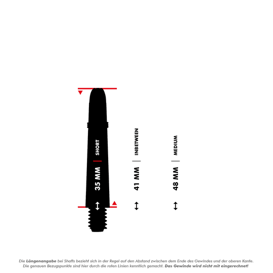 Flechas de carbono Shot Koi - Amarillas Das Bild zeigt drei verschiedene Längen von Carbon-Schäften: 35 mm (Short), 41 mm (Inbetween) und 48 mm (Medium). Es wird durch rote Linien verdeutlicht, wie die Längen gemessen werden, wobei das Gewinde nicht mit eingerechnet wird.