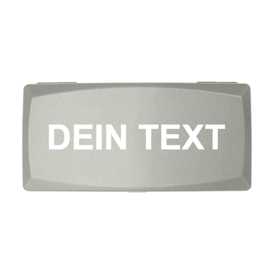 Caja de ABS con impresión personalizada Auf dem Bild ist eine graue Box zu sehen. Auf der Box steht in weißen Buchstaben "DEIN TEXT".
