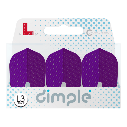 Das Bild zeigt eine Verpackung mit drei lila Dart-Flights namens "L-Style Flights Dimple Champagne L3PRO Shape". Die Verpackung ist weiß mit blauen Punkten und gut lesbarer Produktbeschriftung.