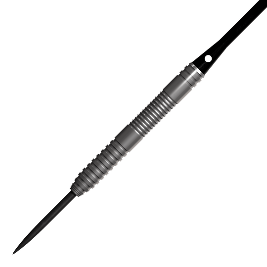 Dardos de acero Bulls NL Lightning Red Das Bild zeigt einen Bulls NL Lightning Red Steeldart. Der Dartpfeil hat eine silberne, geriffelte Metalloberfläche und eine scharfe Spitze.