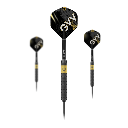 Dardos de acero Winmau Gian Van Veen Core Brass - 21 g Abgebildet ist ein Set von Winmau Gian Van Veen Core Brass Steeldarts 21g. Die drei Darts sind nebeneinander angeordnet.