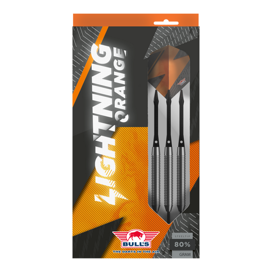 Dardos de acero naranja Bulls NL Lightning Das Bild zeigt die Verpackung der "Bulls NL Lightning Orange Steeldarts". In der Packung befinden sich drei Steeldarts mit orange-schwarzem Design.