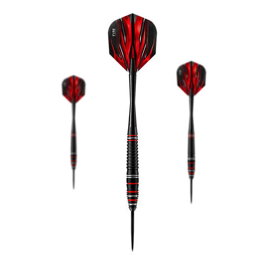 Dardos de acero de aleación de alto grado Harrows Fire Auf dem Bild sind die Harrows Fire High Grade Alloy Steeldarts zu sehen. Die Darts haben ein schwarzes Design mit roten Flammen auf den Flights.
