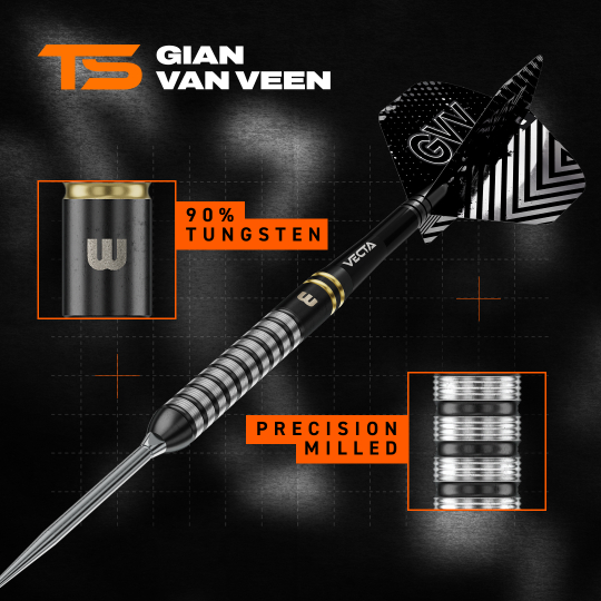 Dardos de acero Winmau Gian Van Veen TS Switch Point Das Bild zeigt Winmau Gian Van Veen TS Switch Point Steeldarts. Drei Darts mit moderner Optik sind zu sehen.