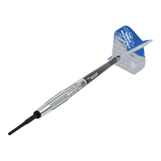 Das Bild zeigt den Softdart "Bulls Martin Schindler Original Generation 2". Der Dartpfeil hat einen silbernen, geriffelten Barrel und blaue Flights mit weißem Muster.