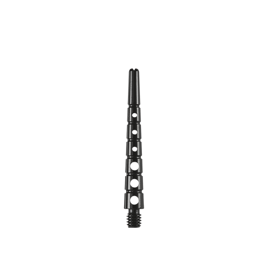 901941_Harrows_Graflite_Shafts_Schwarz_11bSMzeGzjzeGV Das Bild zeigt einen Harrows Graflite Shaft in der Länge 41 mm. Der Dartshaft ist schwarz und hat mehrere runde Aussparungen im Schaft.
