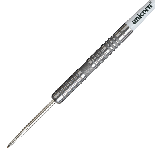 Dardos de acero Unicorn James Wade The Machine Range Phase 4 Das Bild zeigt einen Unicorn James Wade The Machine Range Phase 4 Steeldart. Der Dartpfeil ist silberfarben und hat eine geriffelte Griffzone für besseren Halt.