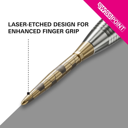 Puntas de dardos Target Swiss Storm Onyx Point - Oro Das Bild zeigt die goldene Target Swiss Storm Onyx Point Dartspitze mit einem lasergravierten Design. Dieses Design sorgt für einen verbesserten Fingergriff.