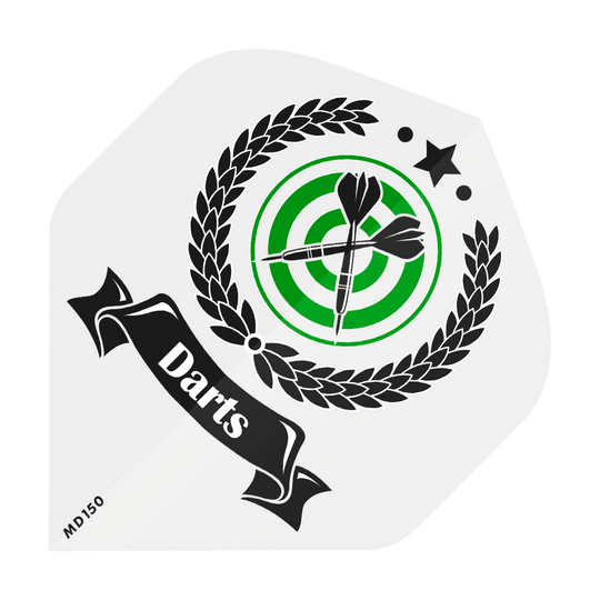 MD-201-Log_2-Seitig_Bedruckte_Flights_Logo_MD150_2 Das Bild zeigt ein grünes Dartscheiben-Ziel mit zwei schwarzen Pfeilen in der Mitte, umgeben von einem Lorbeerkranz. Ein schwarzes Band mit dem weißen Schriftzug "Darts" verläuft quer durch das Bild.
