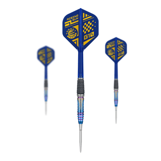 Dardos de acero Target Japan Rising Sun GEN10 Swiss Point Abgebildet sind die Target Japan Rising Sun GEN10 Swiss Point Steeldarts als komplettes Set. Die Darts werden mit Schaft und Flights präsentiert.