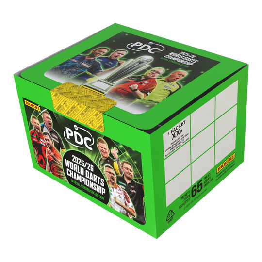 Panini PDC Campeonato Mundial de Dardos 2025/26 - Caja de cromos con 65 paquetes Abgebildet ist die Panini PDC World Darts Championship 2025/26 Stickerbox mit 65 Tüten. Diese Box enthält Stickertüten zum Sammeln von Motiven des Darts-Turniers.