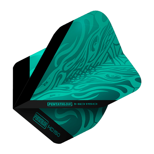 Plumas estándar Pentathlon HD150 Metallic Aqua Das Bild zeigt die Pentathlon HD150 Metallic Aqua Standard Flights. Die Flights haben ein auffälliges, aqua-blaues Design mit schwarz abgesetzten Akzenten.