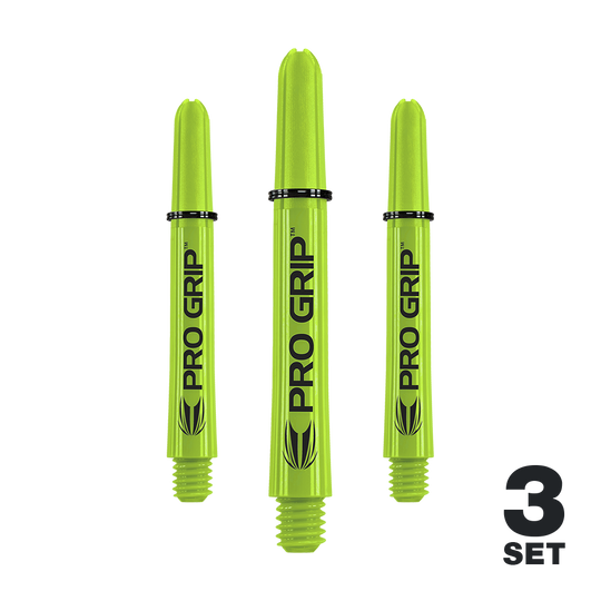 Das Bild zeigt drei limegrüne Pro Grip Shafts für Darts. In der rechten unteren Ecke steht "3 SET".