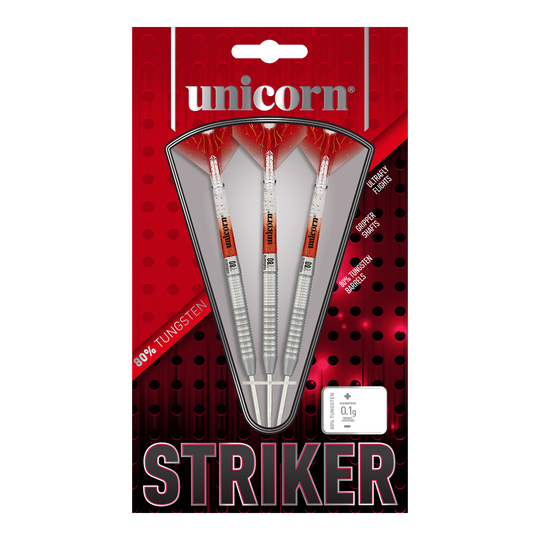 Dardos de acero Unicorn Core XL Striker Style 5 Das Bild zeigt die Verpackung der "Unicorn Core XL Striker Style 5 Steeldarts". In der Packung befinden sich drei Steeldarts mit silbernen Schäften und roten Flights.