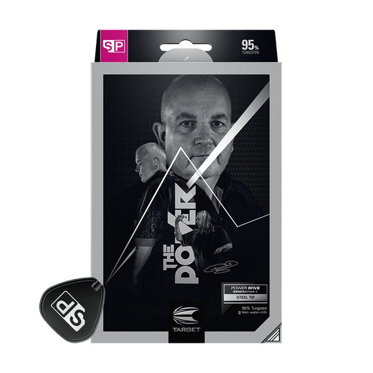 Die Verpackung zeigt die Target Phil Taylor Power 9Five GEN8 Swiss Point Steeldarts. Auf der Vorderseite ist ein Bild von Phil Taylor sowie Produktinformationen abgebildet.