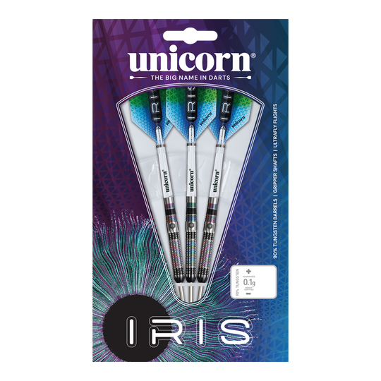 Dardos de acero Unicorn Iris Das Bild zeigt eine Verpackung mit drei Steeldarts der Marke "Unicorn Iris". Die Darts haben silberne Schäfte und blaue Flights, und die Verpackung ist bunt gestaltet.
