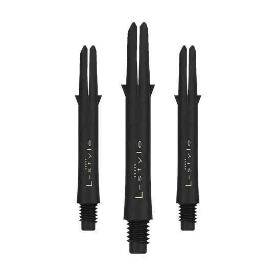 Ejes de carbono estilo L Das Bild zeigt drei schwarze Dartschäfte aus Carbon der Marke L-style. Die Schäfte sind ohne Kappen und haben eine Länge von 39 mm.