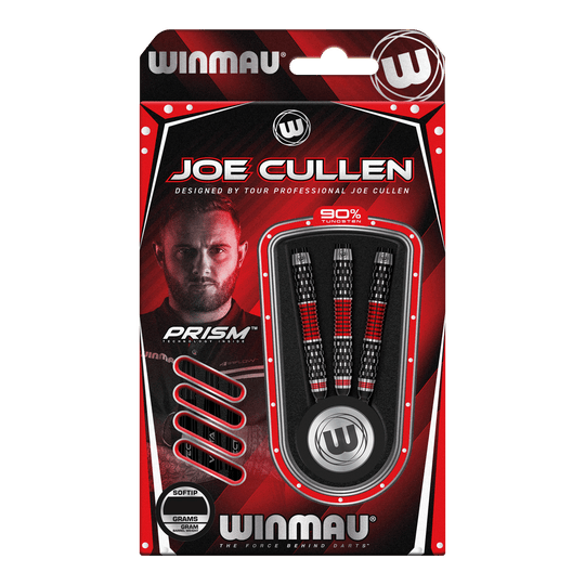 Dardos blandos Winmau Joe Cullen Rockstar Series RS1 - 20 g Die Abbildung zeigt die Winmau Joe Cullen Rockstar Series RS1 Softdarts mit 20g Gewicht. Die Darts sind in einer rot-schwarzen Verpackung und enthalten 90% Tungsten.