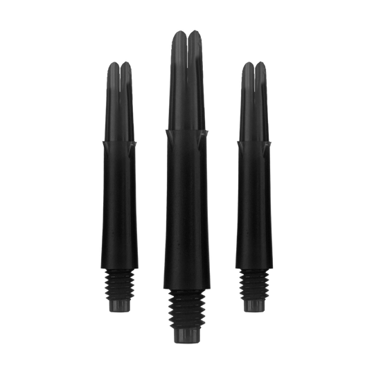 Ejes en L estilo L bloqueados rectos - Negro Auf dem Bild sind drei schwarze Dartschäfte in unterschiedlichen Längen zu sehen. Sie sind gerade geformt und haben ein Gewinde am unteren Ende.
