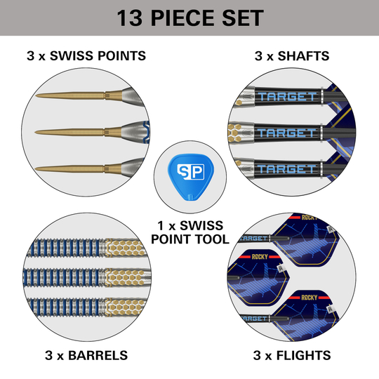 Dardos de acero Target Josh Rock GEN1 Swiss Point Das Bild zeigt ein 13-teiliges Set des Produkts "Target Josh Rock GEN1 Swiss Point Steeldarts". Enthalten sind 3 Swiss Points, 3 Barrels, 3 Shafts, 3 Flights und 1 Swiss Point Tool.