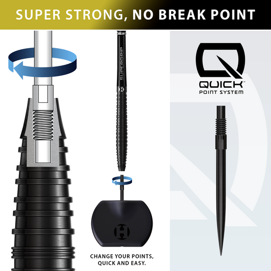 Dardos de acero de punta rápida cónica Harrows NX90 Black Edition Auf dem Bild sind die Harrows NX90 Black Edition Tapered Quick Point Steeldarts zu sehen. Diese schwarzen Steeldarts sind für Präzision und Kontrolle konzipiert.
