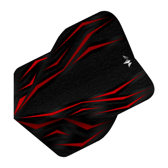Das Bild zeigt einen Mission Lava Red No2 Standard Flight für Darts. Das Design ist überwiegend schwarz mit auffälligen roten Linien und einem kleinen weißen Logo.