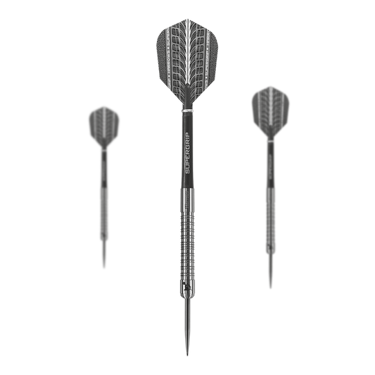 Dardos Harrows Supergrip de acero de tungsteno al 90% Das Bild zeigt drei Harrows Supergrip 90% Tungsten Steeldarts. Die Darts haben ein silbernes Design mit schwarzem Schaft und Flight.