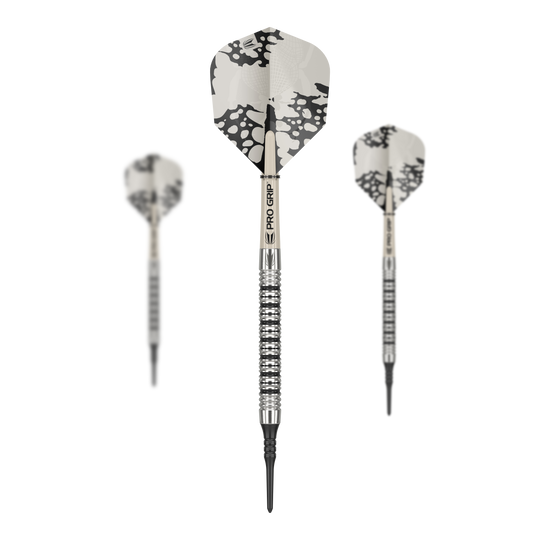 Dardos blandos Target EXO 11 Das Bild zeigt drei Target EXO 11 Softdarts mit silbernen Griffen und schwarz-weißen Flights. Die Darts haben einen modernen, gestreiften Look und spitze Kunststoffspitzen.